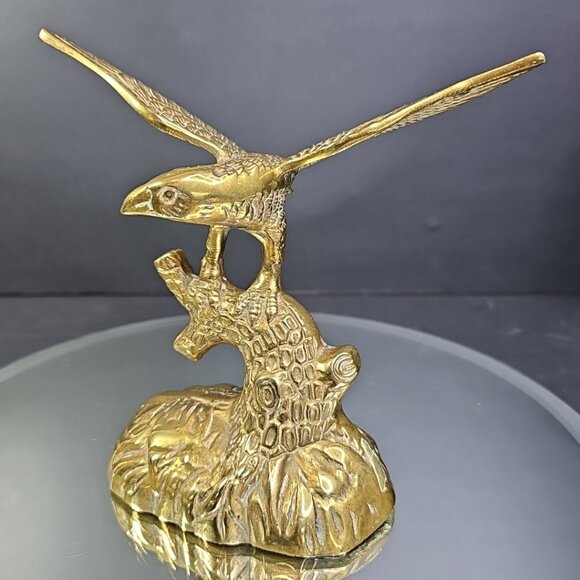 Eagle Brass Statue Figurine Perched On Log MCM Vintage Bird Hunting Fishing - Picture 2 of 12